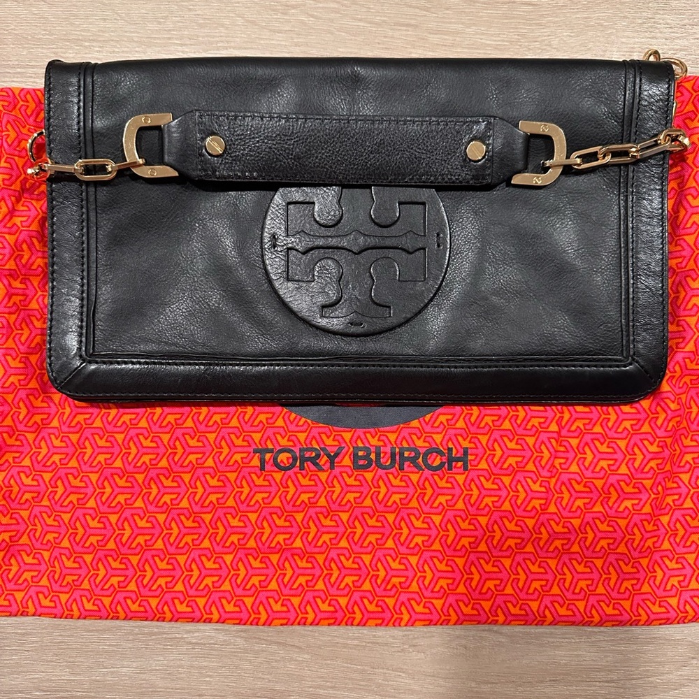 Tory Burch Black Leather Clutch with Gold Accents 12 X 7inches measurement